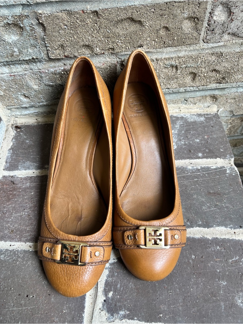 Tory Burch Tan Leather Logo Wedge Flats